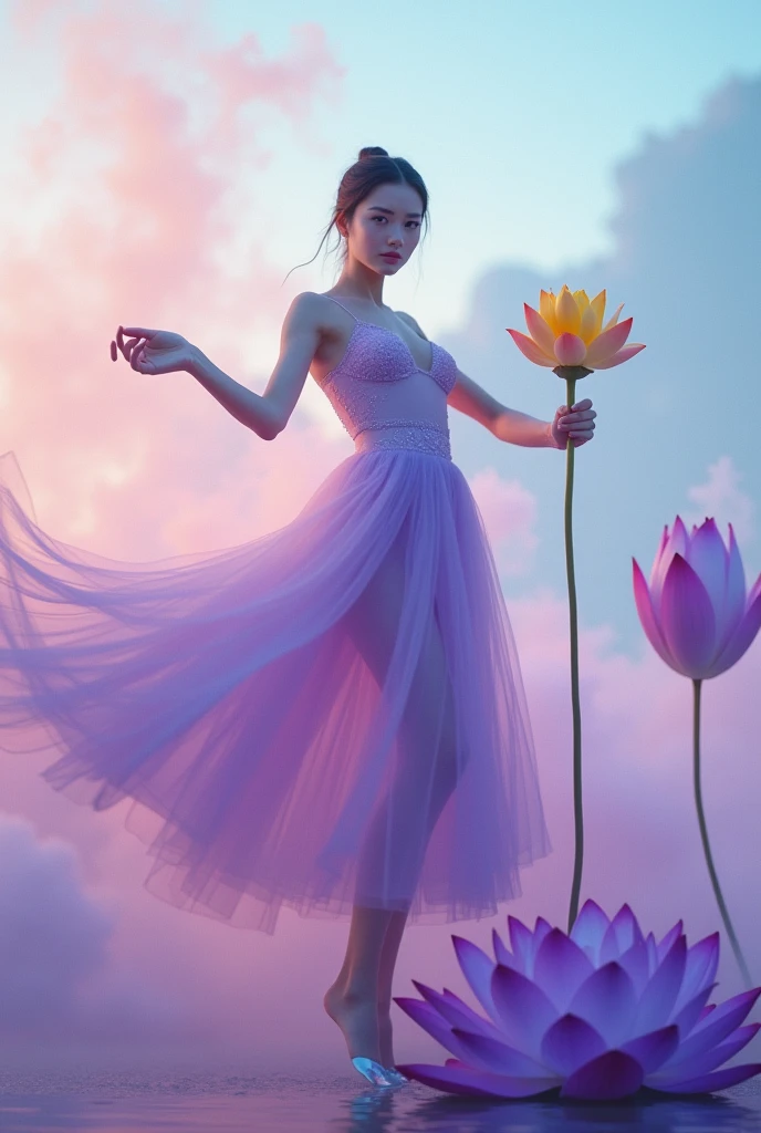 Light rainbow background of fog and legs, minimalist, elegant, pure gentle, soft light, photorealistic. Giant Purple Lotus , with huge and long petals. (petal made of thin and soft tulle, flowing petals full background, floating petals, hyperflying petals, at the feet A mixture of rainbow smoke and fog effects from colored fog on the ground and petals). Extravagant, beautiful woman full length, nice legs,shoes,in a fast dance pose, (Ultra detailed face, hyperrealistic) позирую Giant Purple Lotus , woman holding green stem in front of her, center of yellow bright rose in photo, woman looking at viewer, permission 8k, masterpiece, top quality, the skirt flutters strongly in the wind,