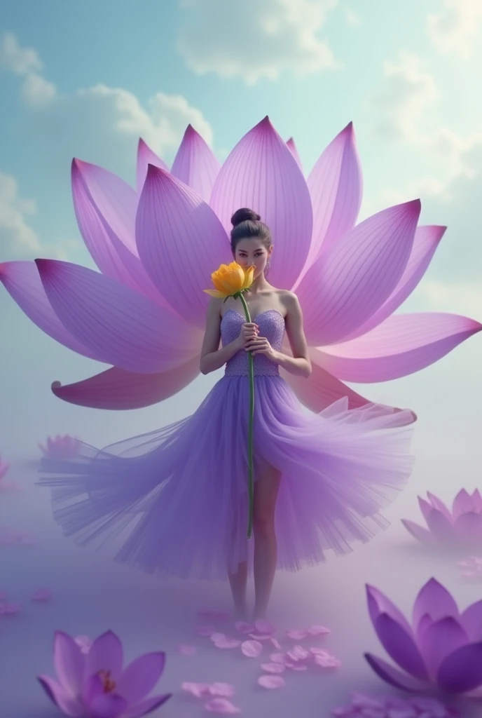 Light rainbow background of fog and legs,   minimalist, elegant, pure gentle, soft light, photorealistic. Giant Purple Lotus ,  with huge and long petals. (petal made of thin and soft tulle, flowing petals full background, floating petals, hyperflying petals, at the feet A mixture of rainbow smoke and fog effects from colored fog on the ground and petals). Extravagant, beautiful woman full length, nice legs,shoes,in a fast dance pose, (Ultra detailed face, hyperrealistic) позирую  Giant Purple Lotus , woman holding green stem in front of her, center of yellow bright rose in photo, woman looking at viewer, permission 8k, masterpiece, top quality, the skirt flutters strongly in the wind,