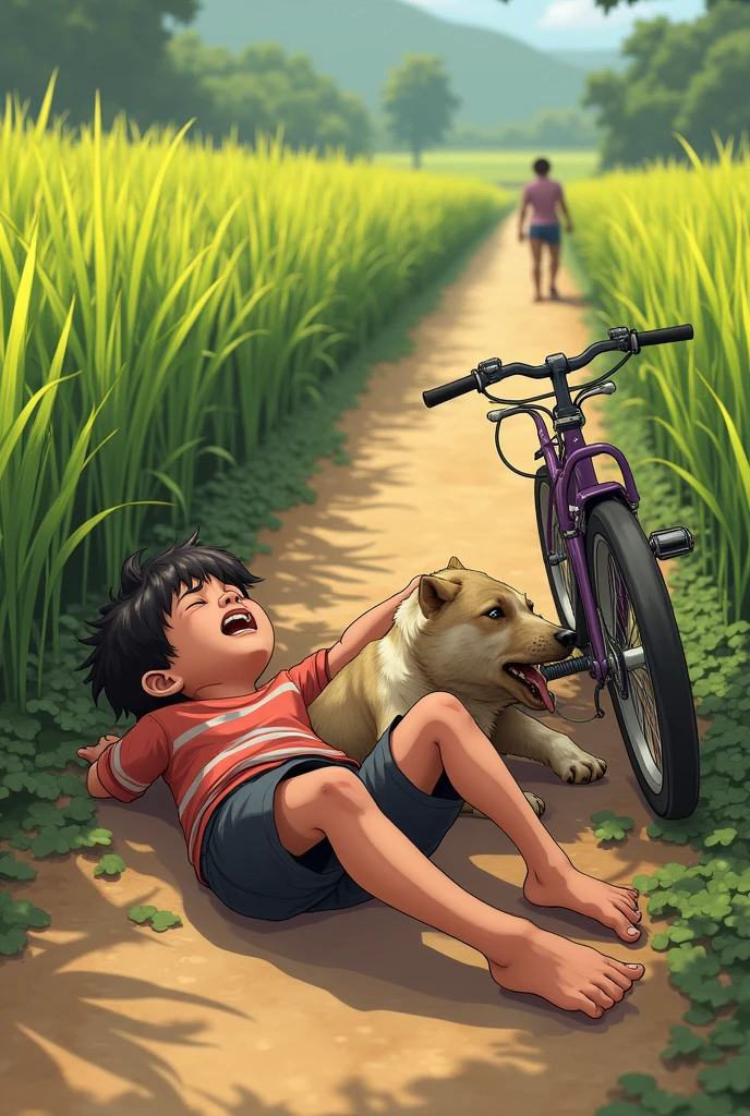 Can you give a drawing of a boy laying on the ground with a bike on a dirt road in the rice field and a dog bite the boy's leg