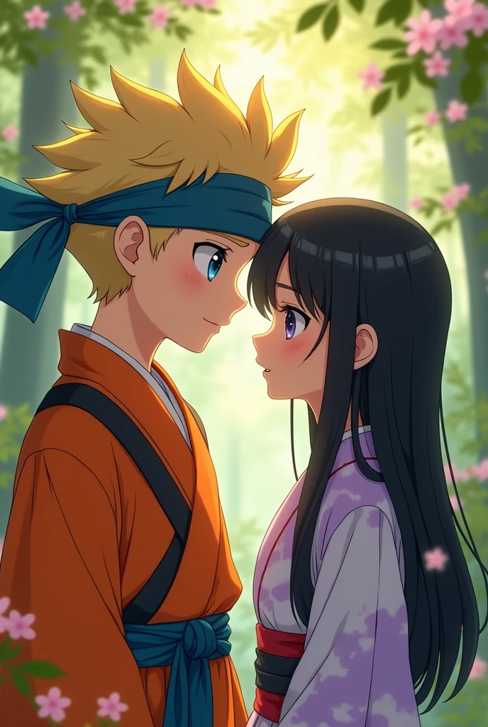 a young ninja boy with spiky blond hair, piercing blue eyes, wearing an orange and blue ninja outfit, standing next to a shy girl with long dark hair and lavender eyes, wearing a lavender and white kimono, beautiful detailed eyes, beautiful detailed lips, extremely detailed eyes and face, long eyelashes, romantic couple, in a lush green forest with sakura trees, sunlight filtering through the leaves, painterly, cinematic lighting, vibrant colors, (best quality, 4k, 8k, highres, masterpiece:1.2), ultra-detailed, (realistic, photorealistic, photo-realistic:1.37), highly detailed, studio lighting, intricate details, vivid colors