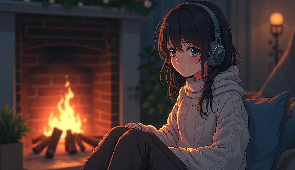 Perfect image, 8k、winter、high school girl、sweater、Long trousers、Using headphones、fireplace、 2D-style animation, Lo-Fi、Retro、Emotional、Anime style illustrations