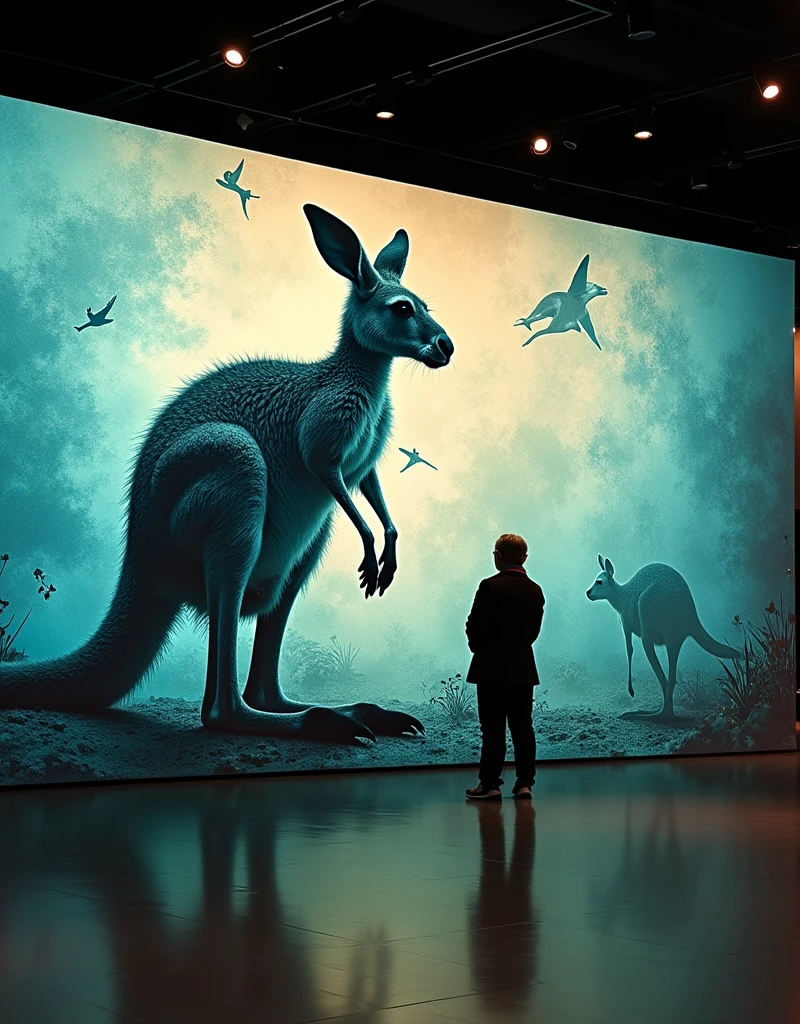 British art、Museum、Museum、exhibition、exhibition、Inorganic、Contemporary art、Satire、Kangaroo silhouette、mural、Street art、shadow、Saturation、Saturator、(masterpiece:1.2)、of the highest quality、epic scale、realist、realist、huge case、aquarium、Art displayed inside a waterless aquarium、detailed decoration、(It operates with a score of 0 on the Seaart rating system)、Fragmented theme、trick art、Weight、space、space的、Gravity、Attainable work of art、Using things that exist in our daily lives as a motif、collage、Photo montage、sf
