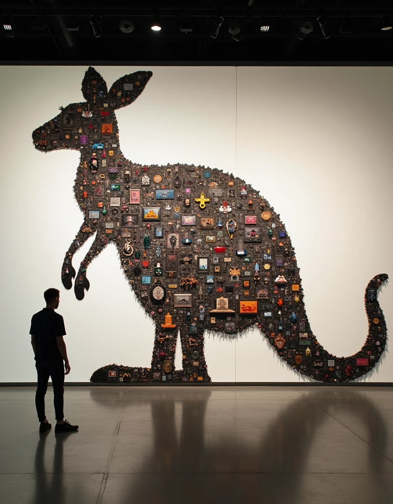 British art、Museum、Museum、exhibition、exhibition、Inorganic、Contemporary art、Satire、Kangaroo silhouette、mural、Street art、shadow、Saturation、Saturator、(masterpiece:1.2)、of the highest quality、epic scale、realist、realist、huge case、aquarium、Art displayed inside a waterless aquarium、detailed decoration、(It operates with a score of 0 on the Seaart rating system)、Fragmented theme、trick art、Weight、space、space的、Gravity、Attainable work of art、Using things that exist in our daily lives as a motif、collage、Photo montage、sf