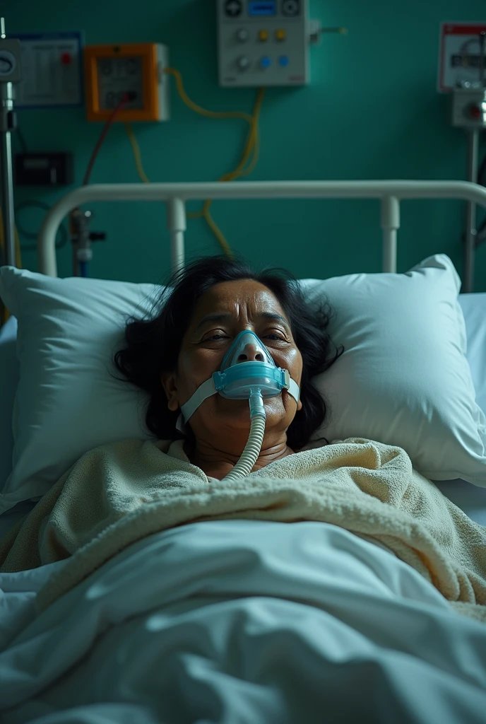 A bangladeshi woman lies in magura shadar hospital bed on oxygen, cover by blankets