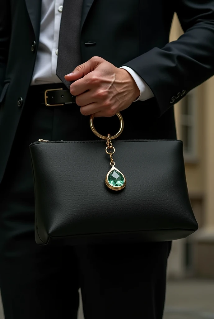 A small, light green teardrop-shaped gemstone keychain is attached to an elegant black bag, which is being held by a well-dressed man.