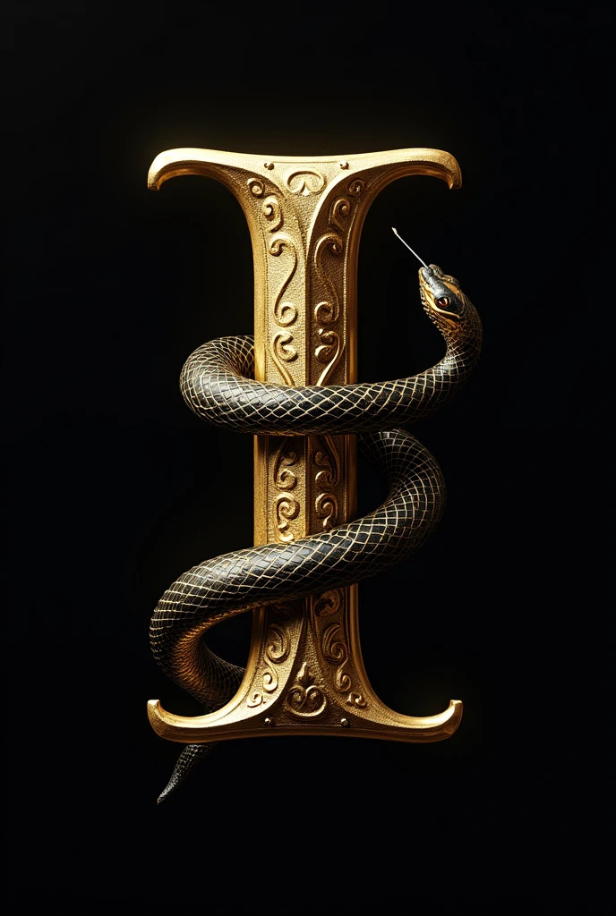 Create the letter I with gold details and a black and gold snake next to it. black backdrop.