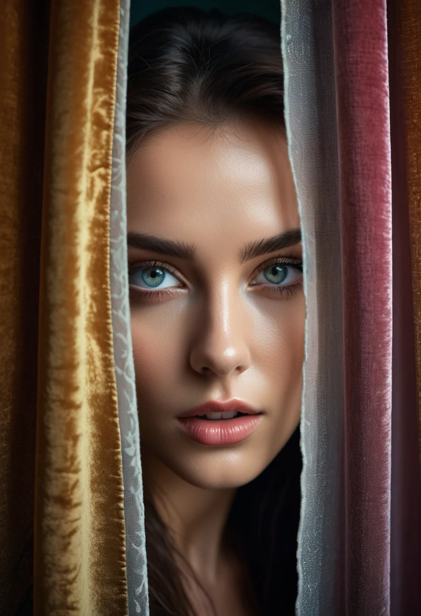 RAW photo, beautiful eyes, masterpiece, peeking out from behind the curtains, colorful details, award-winning, high detail, 8 K, daylight, analog film, detailed skin, stunning composition, complex parts, subsurface scattering, velvet hair, amazing textures, cinematic, chiaroscuro, soft light