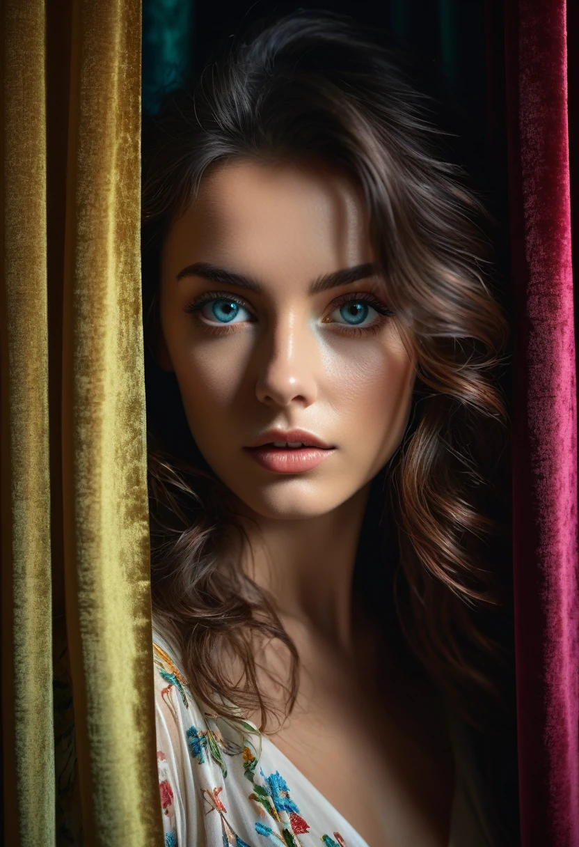 RAW photo, beautiful eyes, masterpiece, peeking out from behind the curtains, colorful details, award-winning, high detail, 8 K, daylight, analog film, detailed skin, stunning composition, complex parts, subsurface scattering, velvet hair, amazing textures, cinematic, chiaroscuro, soft light