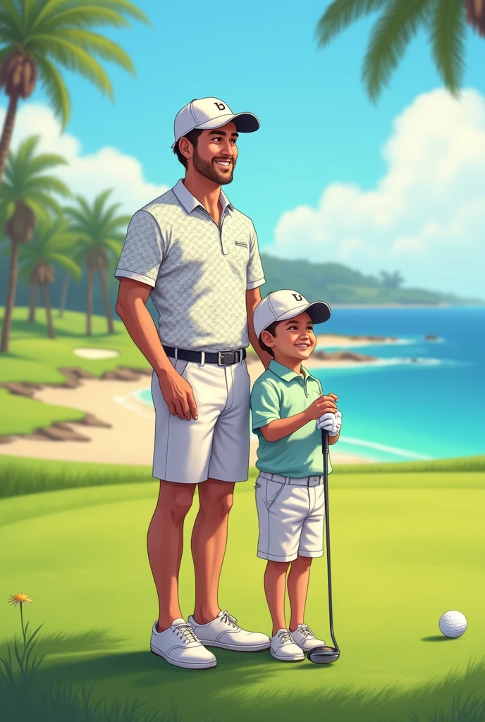 illustration of a father and son playing a golf tournament as a couple on a golf course near the beach
