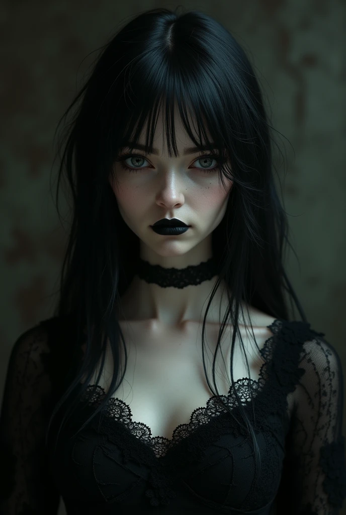 A pale woman with dark circles under her eyes. She wears a black lace outfit from the medieval period. Her hair is messy and straight, with a shade as black as night. She has small lips and wears black lipstick.