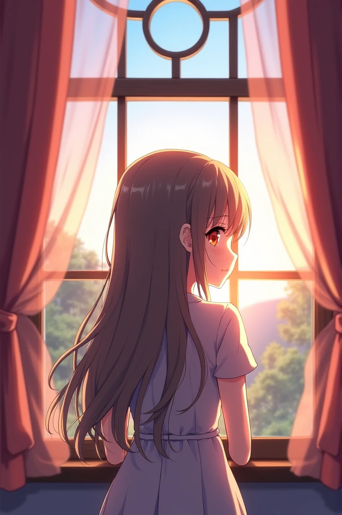 An anime girl peeking from the window, back pov
