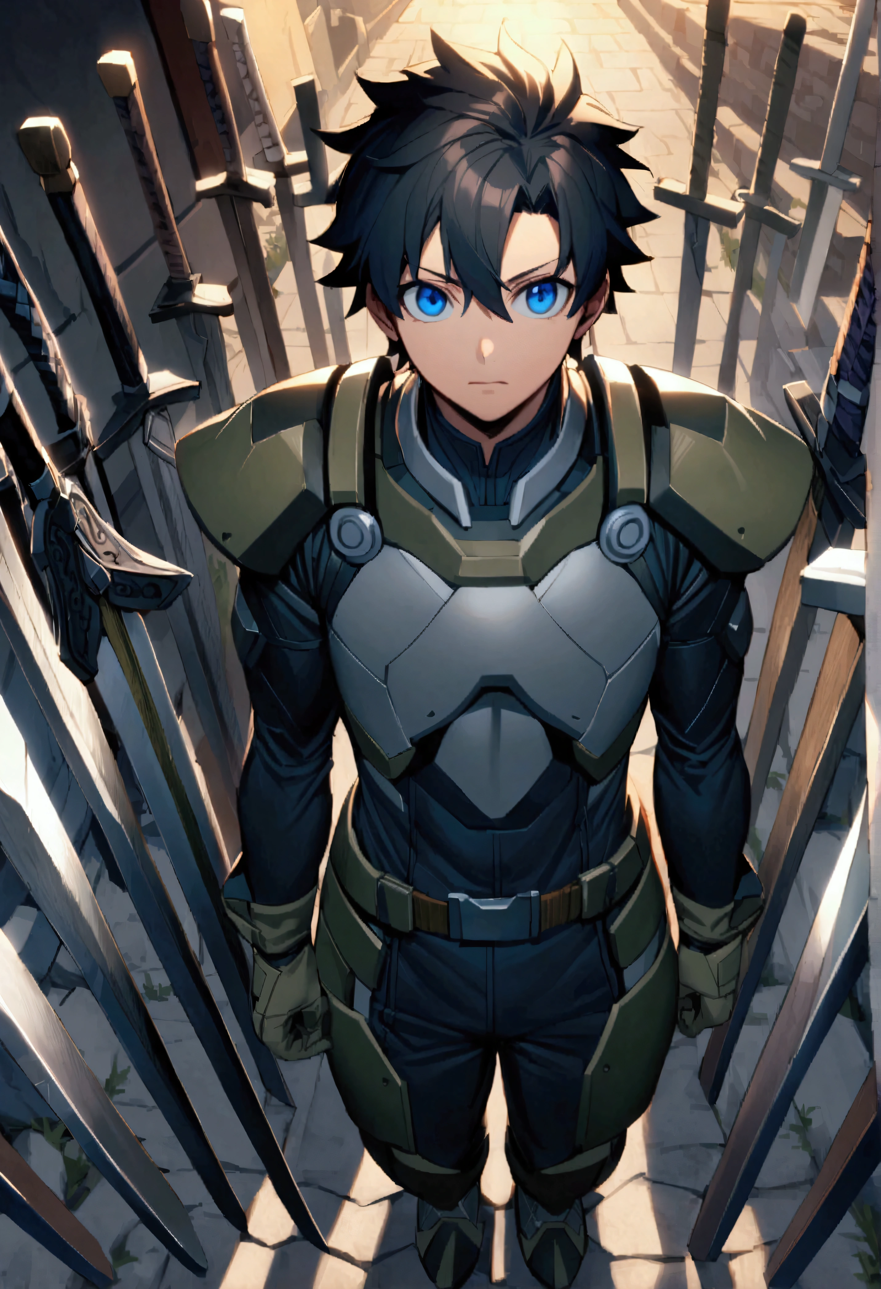 1boy、solo、maleフォーカス、Ritsuka Fujimaru \(male\)、Bodysuits、short hair、Black Hair、blue eyes、Outdoor、gear、whole body、planted sword、Staring at the audience、、Countless Swords、The remaining sword