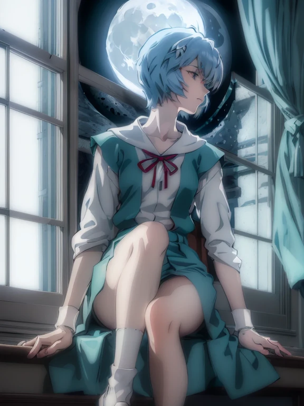 ultra-detailed, illustration, Beautiful Face, Beautiful body, (Rei Ayanami), Bluish silver hair, Silky short hair, (((One hand on cheek, Large windows, Open window, Leaning on the window frame, One foot on the window sill))), (Leaning forward), Tokyo-3 middle school uniform, black socks, ((Moon Background, The moon looks big:1.3, Gazing at the Moon:1.3)), ((Night:1.3)), View from inside the Hospital room, The lace curtains are swaying in the wind, Slightly slim body, face in profile, ephemeral Expression, extremely detailed eyes and face, photo with an 85mm camera, ((masterpiece, best quality, high resolution))