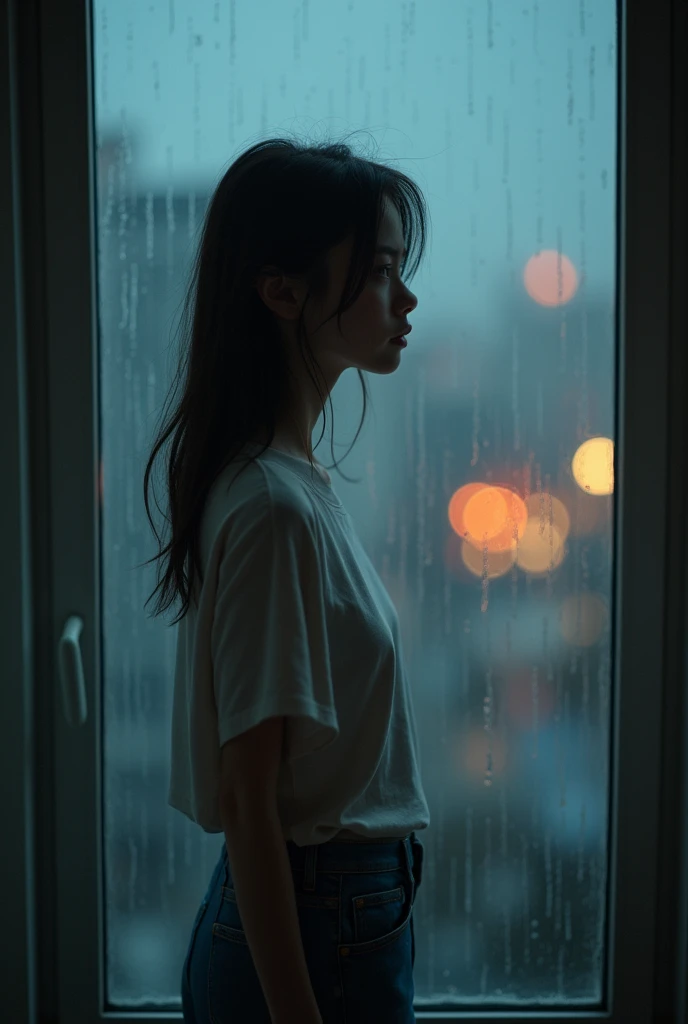 The distant view stands completely behind,But she looked at the window,Cute girl sad face,But smile. her beauty. On a rainy night. lots of bokeh light,There is a blur of light in front of her. The image shows the girl's body showing his head in the bedroom、Panorama of legs and shoes, with soft light. she is wearing long jeans. Wearing T-shirt.
