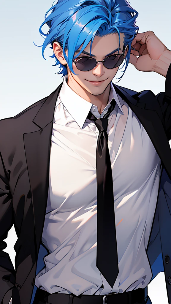 alone、I have candy、Black suit、He wore a white open shirt that showed his collarbone.、Smooth blue hair that reaches down to her back、Eyes showing through sunglasses、Handsome man holding candy and looking at camera while smiling、Hair up to the neck、Gradient Background