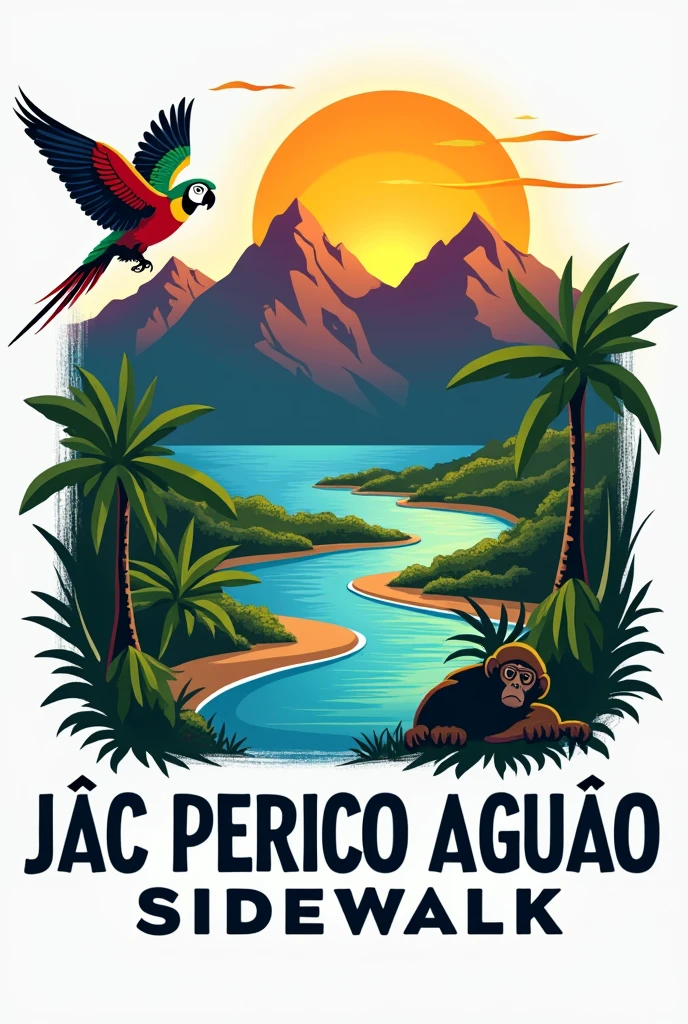 Create a logo in Spanish for a company with the following characteristics: Image with the two peaks of the Sierra Nevada of Santa Marta, laguna, river to the sea, Macaw, monkey and box that says: JAC PERICO AGUAO SIDEWALK