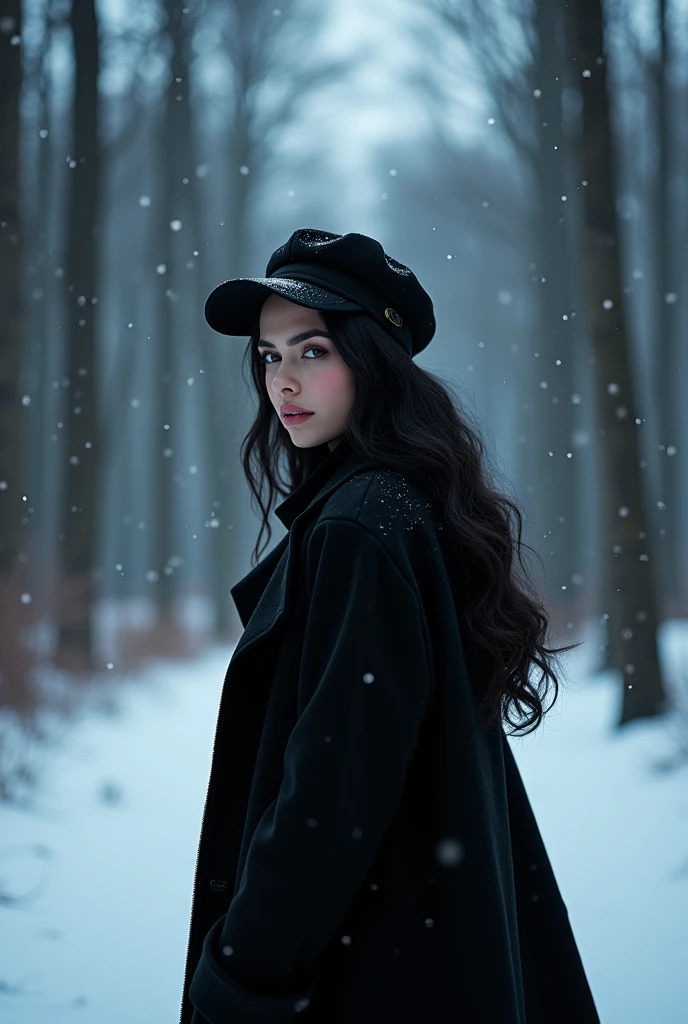 (masterpiece, hyperrealism, sharp images, photorealistic, best quality:1.5), (Photo taken from her back, she is not looking, view) , (Full body portrait), (highly detailed face:1.5), (has white skin, highly detailed skin:1.8), (20 years old woman) (she has very black wavy hair) (breast size: 1.3), detailed hd beautiful dark green eyes, lips marked with pink lipstick, flirtatious look, big light green eyes, bold black eye shadows, huge eyelashes, (she is wearing stylish black coat, with cap) (she looks as the snow falls, she has a face like she is thinking or imagining something) (she is walking in forest) (everything is covered with snow) (background, it is already dark, there are black and blue clouds, it is snowing and it is cold). the perspective of her back, She is not looking at the camera
