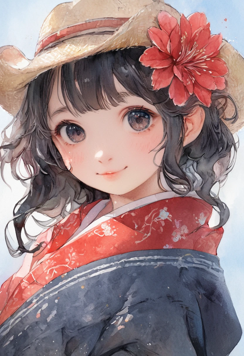 One girl, solo, Cowboy Shot, High resolution, masterpiece, accurate, 最high quality, High detail, High-resolution model, high quality, Very detailed, Textured skin, Ultra high definition, Black Hair, Pop Art, cute girl, clear eyes, watercolor, clear, Line art, cute illustration, beautiful detail, best quality, top quality, ultra detailed, masterpiece, beautiful detail, japanese cloth, red flower motif printed black cloth, beautiful detail, cute girl