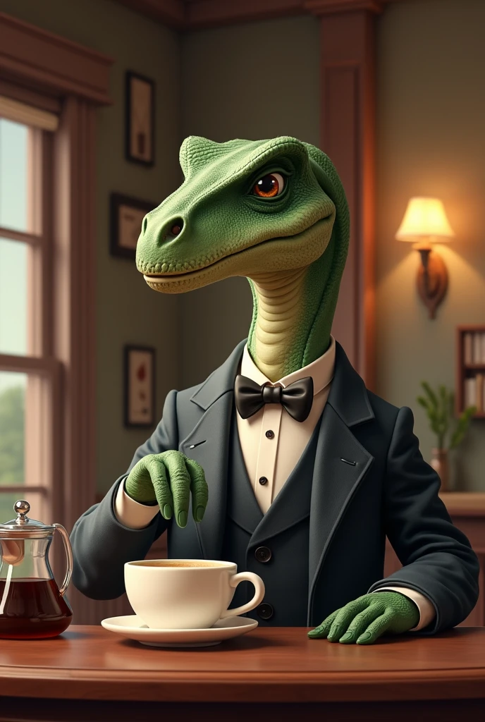 Dinosaur with bow tie and long sleeves、A dinosaur elegantly brewing coffee in a classical cafe、By drip、Calm、Over the counter Ceramic coffee pot Kettle