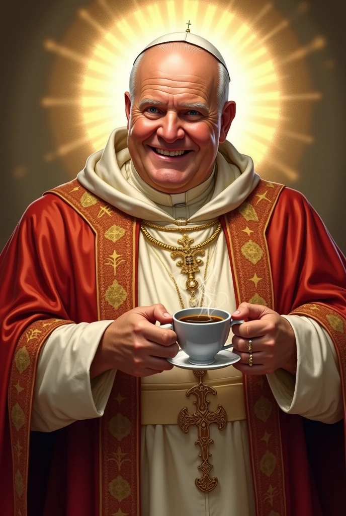 A beautifully drawn (((Saint John Paul the Second))), the iconic head of the Roman Catholic Church in the 21st century, first and foremost a spiritual leader, exuding a serene, holy demeanor, holding a ((cup of steaming coffee)) with a soft, welcoming expression on his face and a radiant glow around him. His attire is elegant and befitting his sacred office, as he embodies the essence of spirituality and faith, he is a little overwight