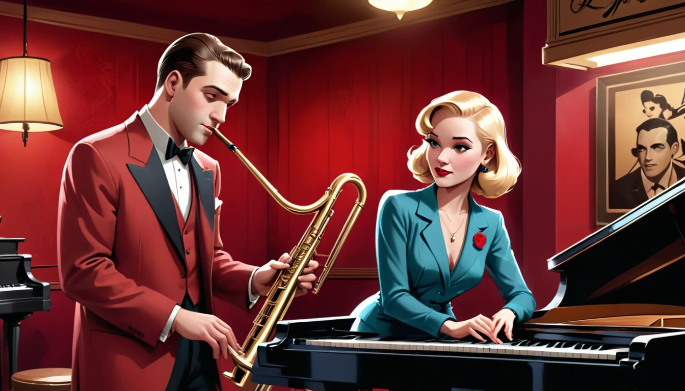 A man is playing the trombone by himself。Next to me, a woman in red is playing the piano.。, inspired by Art Frahm, film noir jazz bar, Speakeasy bar background, Then Martin, Then Martin artwork portrait, Background artwork, Inspired by Roy Dargano, Wayne England, stylized digital illustration, Kenton Nelson, Fan art, Official artwork, 1 9 3 0 S Jazz Club