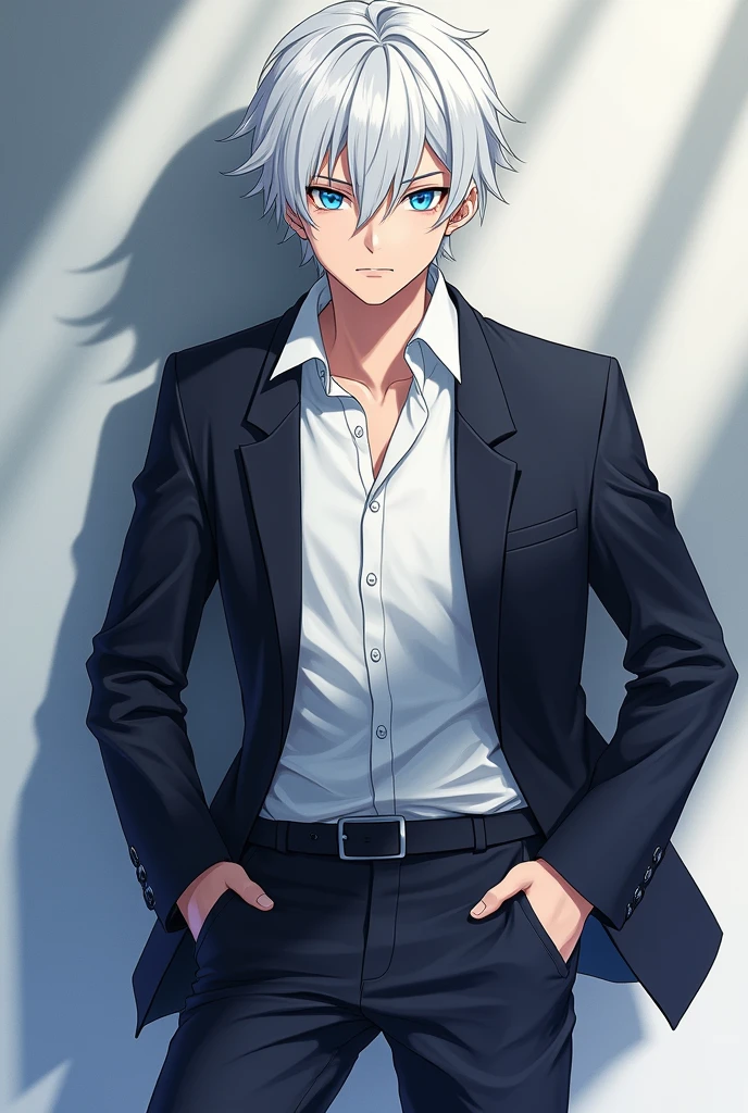Male, Anime, 18-year old, Short white hair, Fair skin, Blue eyes, Black jacket, White shirt, Black trousers, Blue shoes