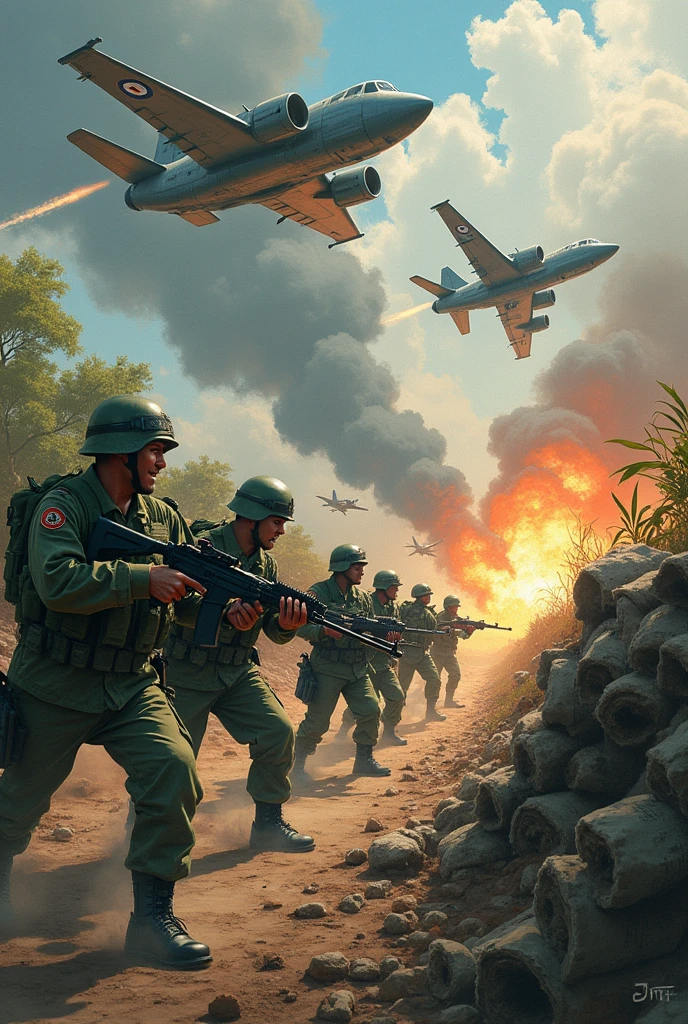 Drawing of Thai soldiers in the 3 southern border provinces being attacked by southern bandits who used Thai war planes to drop bombs.