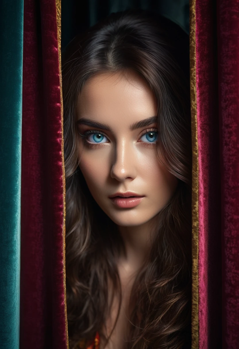 RAW photo, beautiful eyes, masterpiece, peeking out from behind the curtains, colorful details, award-winning, high detail, 8 K, daylight, analog film, detailed skin, stunning composition, complex parts, subsurface scattering, velvet hair, amazing textures, cinematic, chiaroscuro, soft light