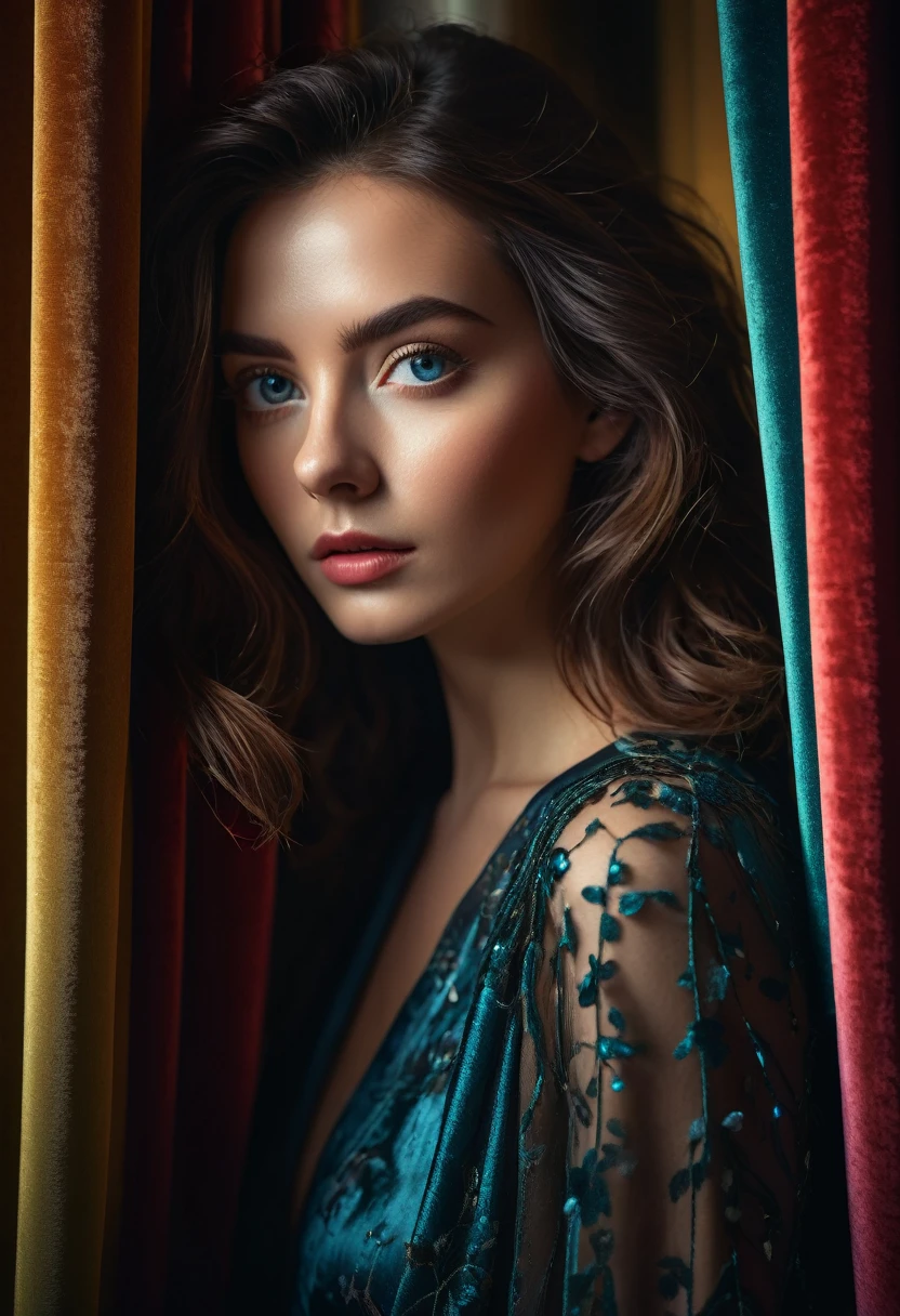 RAW photo, beautiful eyes, masterpiece, peeking out from behind the curtains, colorful details, award-winning, high detail, 8 K, daylight, analog film, detailed skin, stunning composition, complex parts, subsurface scattering, velvet hair, amazing textures, cinematic, chiaroscuro, soft light