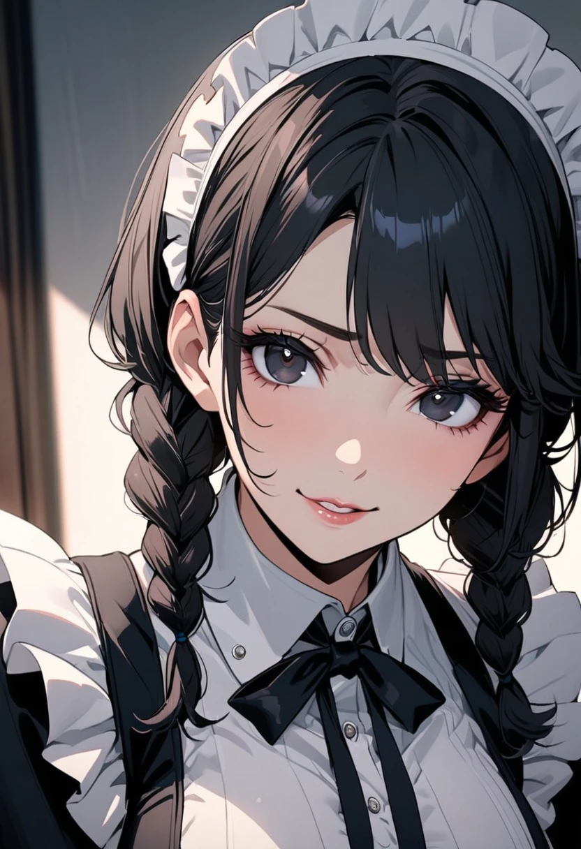 girl, mature, black hair, black eyes, beautiful, beautiful eyes, beautiful color, high detail, low double plait hair, maid, cute, cool face