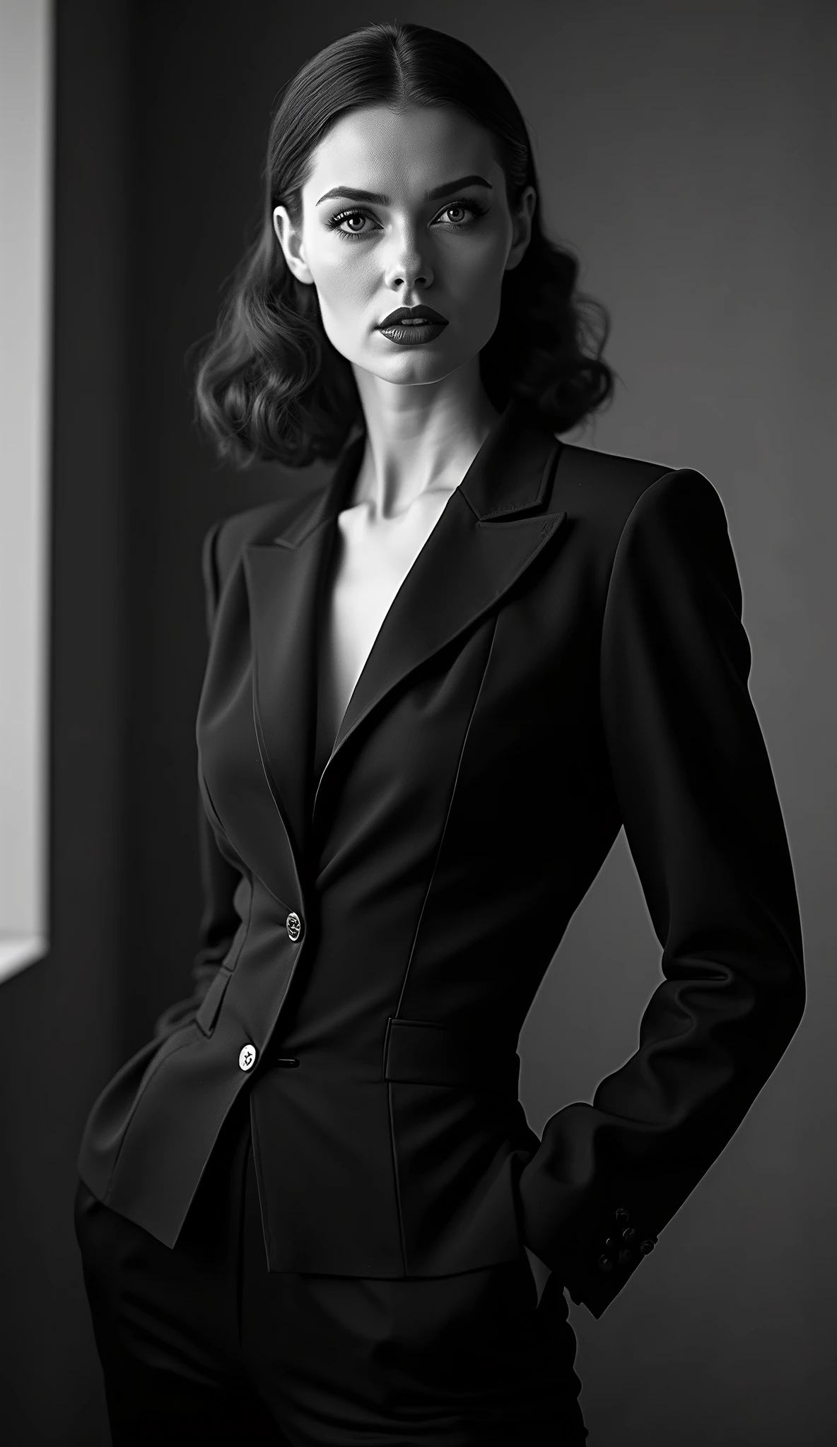 colour 1930s female in a pant suit, 1girl, beautiful detailed eyes, beautiful detailed lips, extremely detailed face and portrait, long eyelashes, elegant businesswoman, confident pose, black and white photography, dramatic lighting, cinematic, retro style, high contrast, film grain, chiaroscuro, serious expression, tailored suit, wide-leg pants, strong silhouette, dramatic shadows