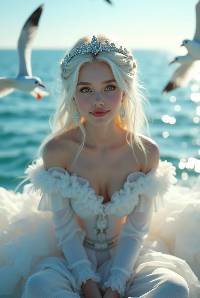 ,((Highest quality))),8k,((masterpiece)),(Very sophisticated and beautiful), A girl emerges from the sea, The Swan Princess of Russian Mythology, Beautiful calm face, Blue eyes, Long white hair braided, White and shiny old Russian clothing, Loving eyes, Half-laugh, There was a gentle look on his face, Background seascape and sunlight, Seagulls in the sky, full length, Realism、sexly、sexly proportions,White eyebrows、Silver tiara、Silver earrings、White skin、Glowing Skin、Delicate hair、Glowing Skin、White eyelashes、sitting、Leg spread