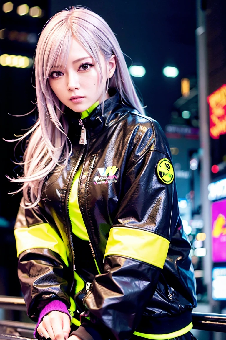 She is taking pictures wearing a neon yellow jacket and a black skirt., Silver Hair,cyberpunk 2077 jacket, cyber future jacket, Bright Cyberpunk Glow, egirl, AND - , Cyberpunk anime in hoodie, wearing Cyberpunk Streetwear, Cyberpunk anime, Cyberpunk Streetwear, Portrait Anime Astronaut Girl, Photos of women in techwear, Neon Cyberpunk Style,Extreme ta girl