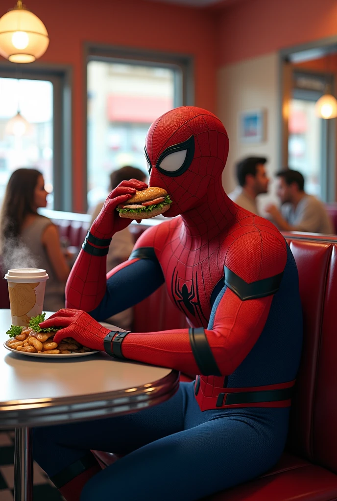 Spiderman in a diner eating a burger