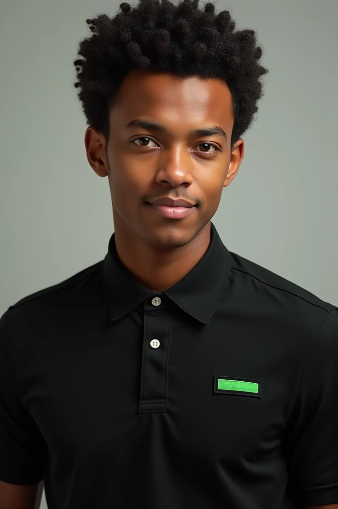 Make an image of Bruno Mars wearing a black polo shirt with a green rectangle embroidery on the left chest 