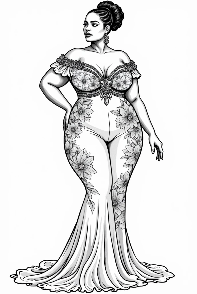 Plus size Black Women coloring page for adult, Fat Women floral coloring page, outline body, white skin, white body, beauties parfect face and body, full body, floral elegant clothes, instead of fat, white background, white skin 