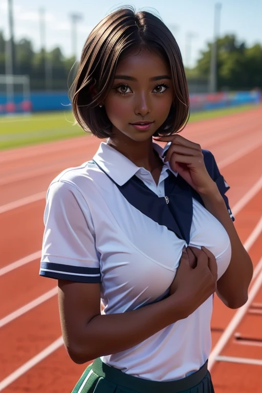 one girl, Put your hand over your mouth、Beautiful breasts、 Brown eyes, ((Gal Hairstyles)) blonde, girl, (Eye and facial details:1.0), break, (masterpiece, Highest quality, Very detailed, Detailed face, 8k),( dark skin:1.8 ), 唇を噛みしめる, (((( big breasts )))), (((( short hair )))), (((( track and field uniform ))))