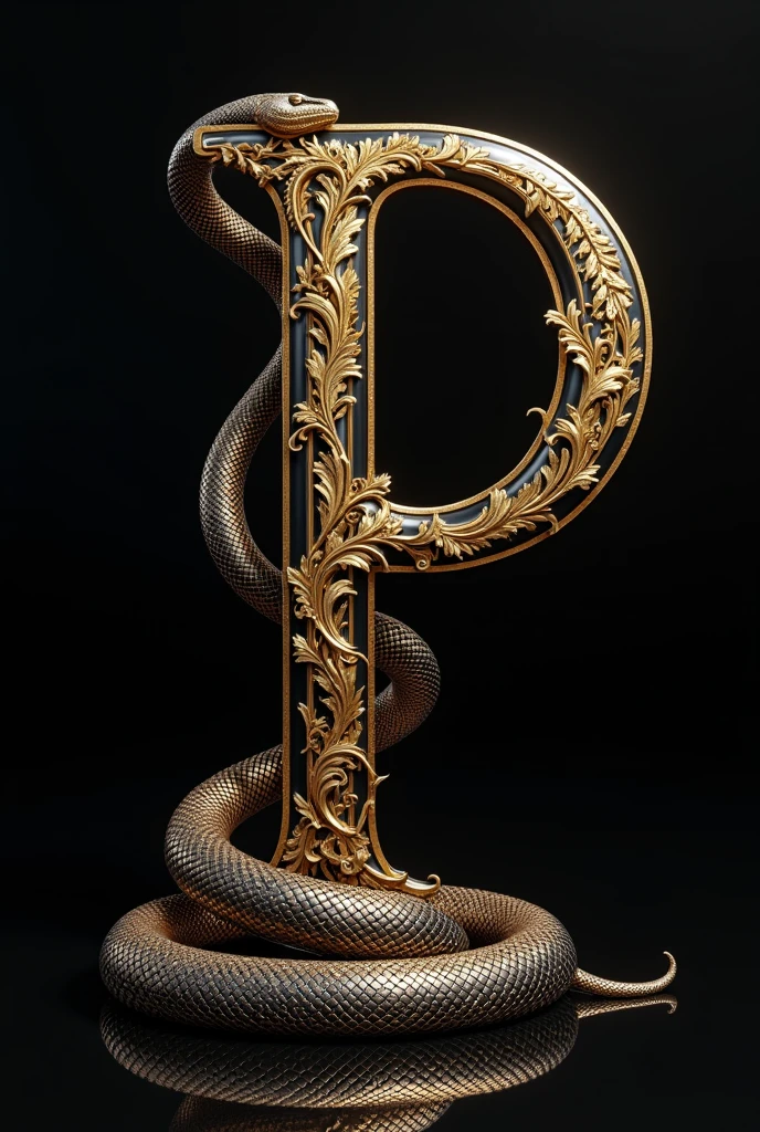 Create the letter P with gold details and a black and gold snake next to it. black backdrop.
