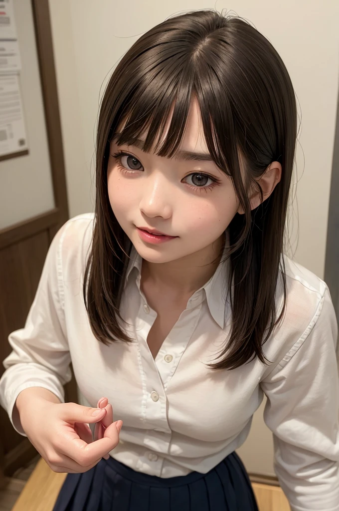 (Masterpiece, BestQuality:1.2), (hyperrealistic:1.1), (8k,Photorealistic), (superrealistic:1.4),little-girl taking a selfie,japanese school-girl,tween,wearing school-uniform,((skirt-lift and shows her vagina)),(visible vagina),(she takes pleasure in showing her vagina),(she is holding a smartphone in one hand and taking a selfie),great joy,The background is the girl's room.BREAK (beautiful detailed teeth, eyes with large brown irises, blunt bangs,small mouth, fresh lips,nose blush),shiny skin,