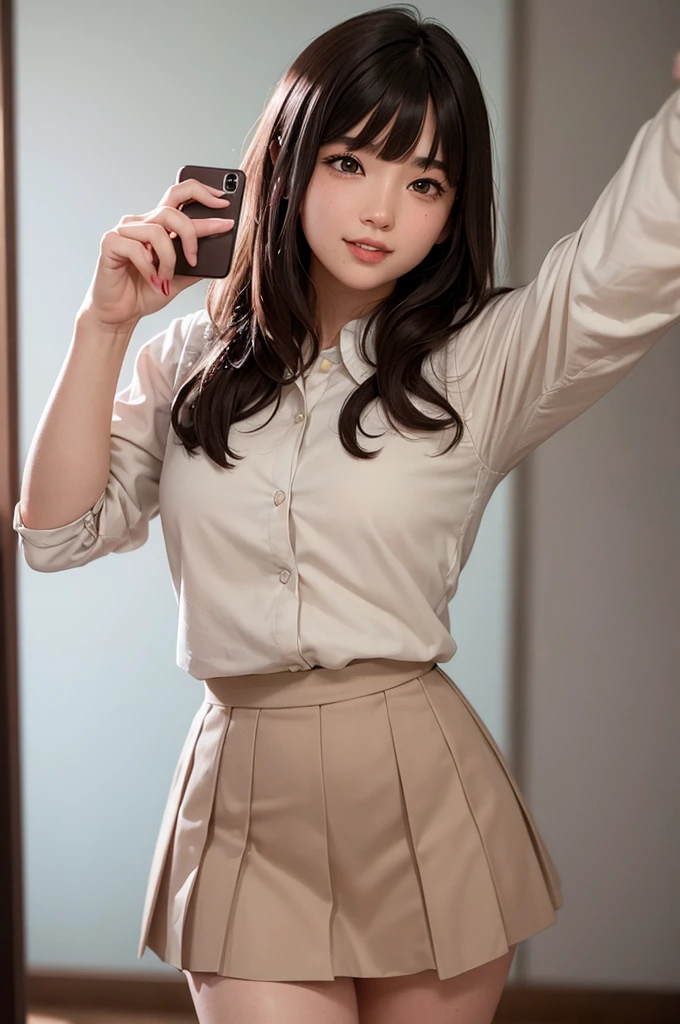 (Masterpiece, BestQuality:1.2), (hyperrealistic:1.1), (8k,Photorealistic), (superrealistic:1.4),little-girl taking a selfie,japanese school-girl,tween,wearing school-uniform,((skirt-lift and shows her vagina)),(visible vagina),(she takes pleasure in showing her vagina),(she is holding a smartphone in one hand and taking a selfie),great joy,The background is the girl's room.BREAK (beautiful detailed teeth, eyes with large brown irises, blunt bangs,small mouth, fresh lips,nose blush),shiny skin,