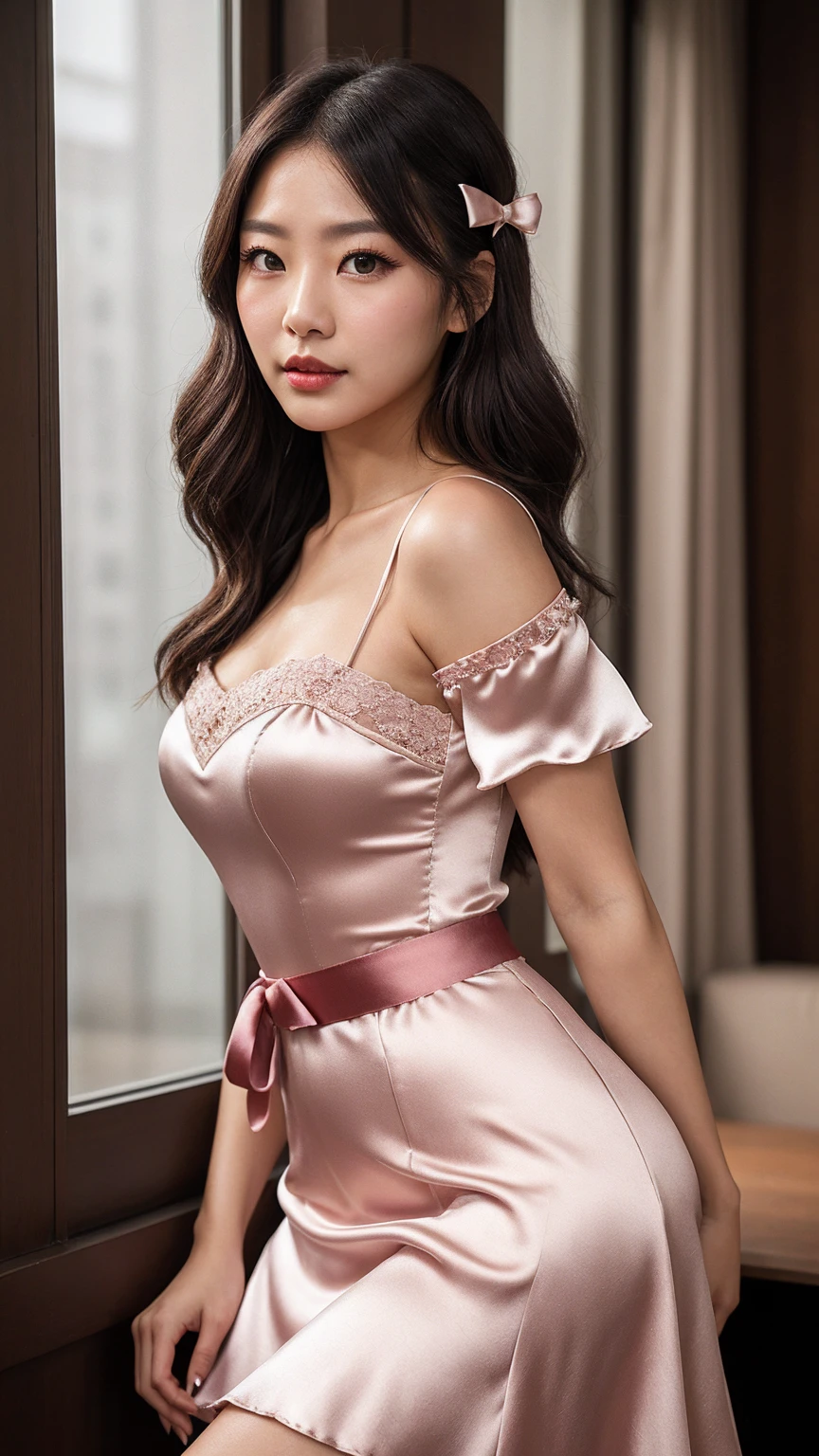 (8k、RAW Photos、top-quality、​masterpiece:1.2)、(realisitic、Photorealsitic:1.37)、1 girl、japanes、25-years old、femele、(deep in the night)、Moon Night、a room、cityscape visible from window、High-key lighting、Studio Lighting、face lights、(Angle from the front)、photon maping、Radio City、(full bodyesbian)、Dark brown hair、Detailed face、Detailed lips、detailedeyeore skin、double eyelid、A vintage-inspired A-line dress crafted from blush pink silk satin. The bodice features a delicate illusion neckline with embroidered floral lace that subtly transitions into a sweetheart neckline. The fitted waistline is cinched with a satin ribbon belt adorned with a small pearl-embellished bow. The skirt flows gracefully to mid-calf with soft, cascading pleats that add volume and movement. The dress is finished with cap sleeves made of the same floral lace and a hidden zip at the back for a seamless silhouette. Ideal for a romantic evening or a formal event.、smirking face、Make eye contact with the camera