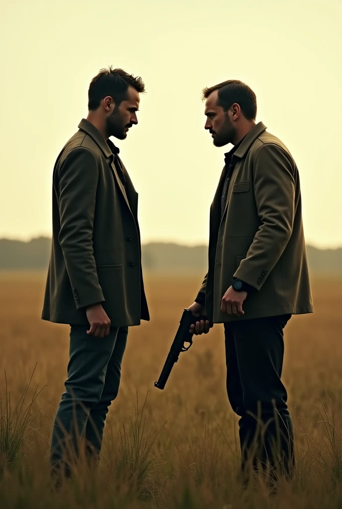 A male detective in brown coat, and a male police officer in blue uniform, looking at some human dead bodies, at a forest.