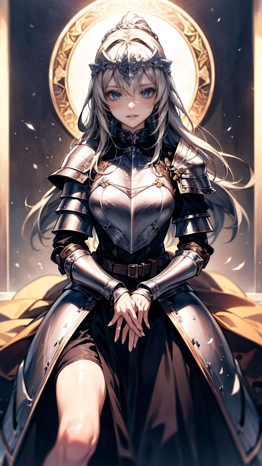 Highest quality、masterpiece、8k、Realistic、超High resolution、Very delicate and beautiful、High resolution、Cinema Lighting、medium range shooting、Portraiture、Perfect female body、Beautiful woman、Mature Woman、Opposition、Hands on Their Head、Looking at the audience、grassland、異世界から来たファンタジー女knight、(Armor with emphasis on the chest)、sword、shield、knightの紋章、Long Hair、Helmet、Armor Plate、Leather Armor、Combat Boots、Weapons equipped at the waist、A beautiful and powerful face、Eyes full of determination、knight道、horse、Roar、knight'Pledge、Latent magical power、Scars from past battles