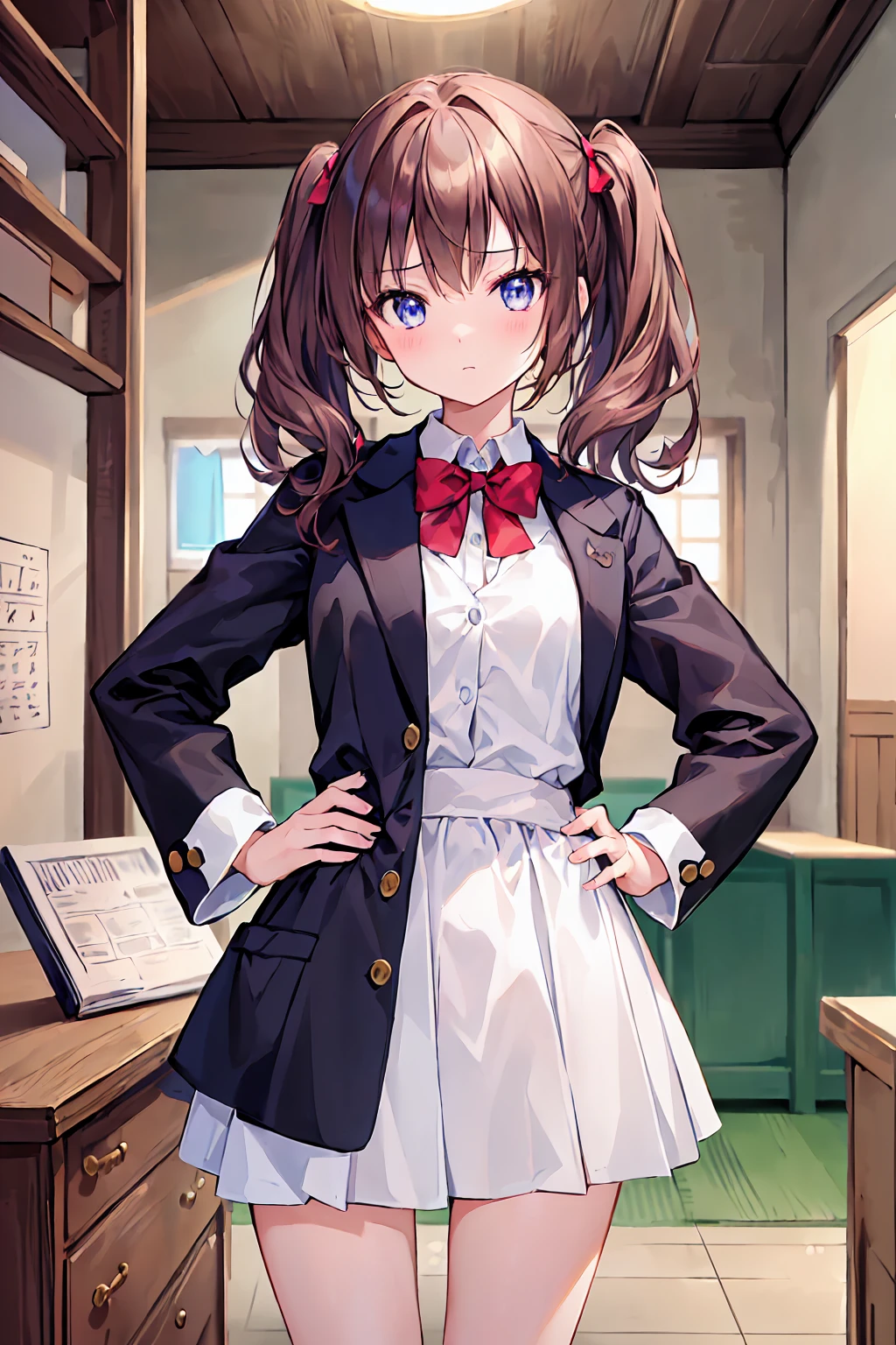 Brown Hair,Shortcuts,Messy Hair,Slender beauty,A dignified posture,小chest,Beautiful feet、Her captivating grey-blue eyes shine like stars、1 girl, ((((masterpiece))), Highest quality, Highest quality, Attention to detail, Azusa Nakano, 1 girl, Sakuragaoka High School Uniforms, musical instrument, , Twin tails, Long Hair, alone, red, 濃い青色のブレザーにredい細いリボンが付いています, A plain white button-up shirt is worn underneath the blazer., shape, comics, Calm tone, Calm colors, Cinematic soft light, Adobe Lightroom, Photo Lab, High resolution, 複雑でVery detailed, (((Written boundary depth))))). (((masterpiece))). (((Highest quality))).) ((Very detailed))). (((shape))). (((indoor))). (((Hands on hips)))). chest,(((room))).Dynamic Focus.小さなchest.