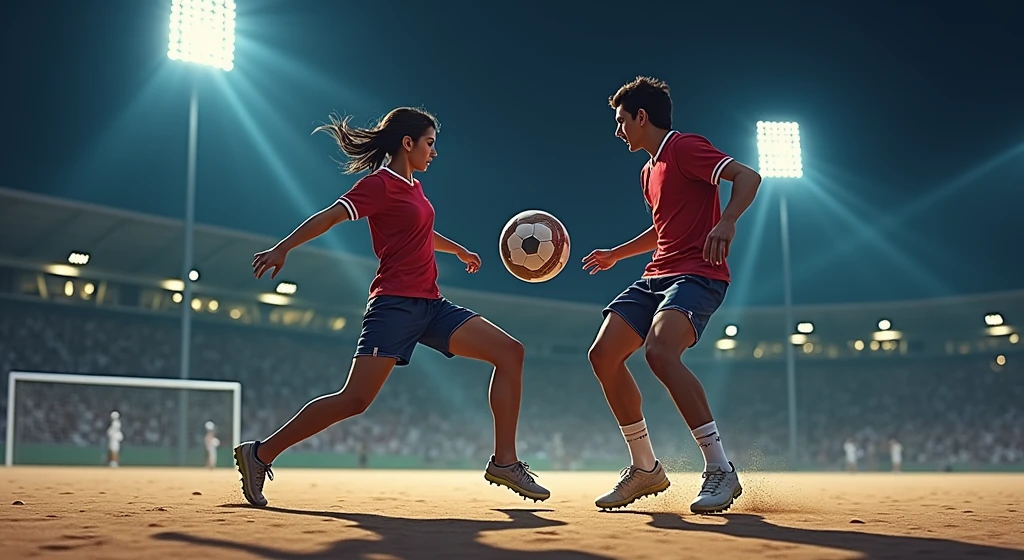 A vivid night-time scene of a footvolley match with two players on each side, intensely focused on the ball. The bright stadium lights cast sharp shadows on the sand, while a cityscape glows softly in the distant background, adding depth to the scene.