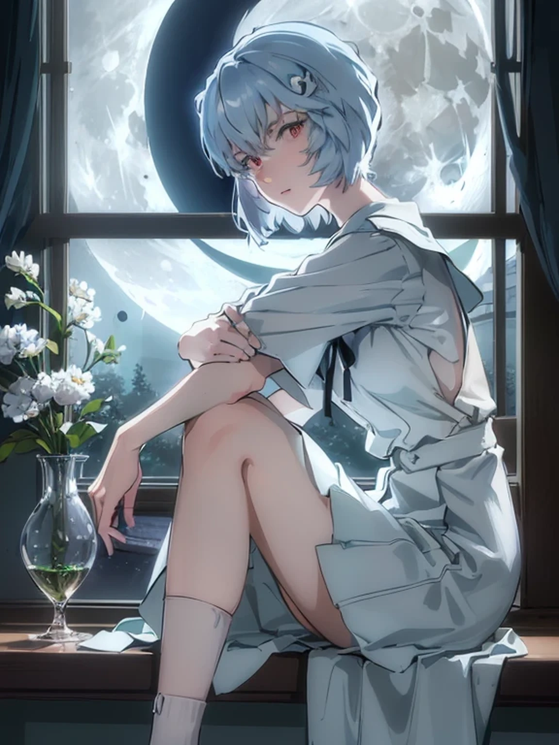 ultra-detailed, illustration, Beautiful Face, Beautiful body, (Rei Ayanami), Bluish silver hair, Silky short hair, (((One hand on cheek, Large windows, Open window, Leaning on the window frame, One foot on the window sill))), (Leaning forward), Tokyo-3 middle school uniform, black socks, ((Moon Background, The moon looks big:1.3, Gazing at the Moon:1.3)), ((Night:1.3)), View from inside the Hospital room, The lace curtains are swaying in the wind, Slightly slim body, face in profile, ephemeral Expression, extremely detailed eyes and face, photo with an 85mm camera, ((masterpiece, best quality, high resolution))