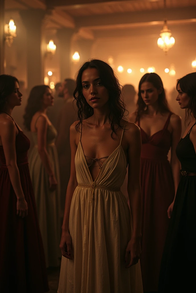a group of low-class hookers wearing provocative and dirty linen tunic dress in dimly light brothel with vibrant party in European medieval period era