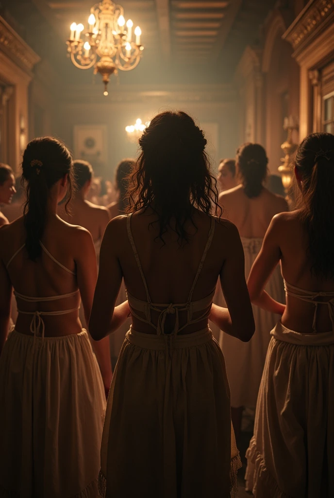 a group of low-class hookers wearing provocative and dirty linen tunic dress in dimly light brothel with vibrant party in European medieval period era
