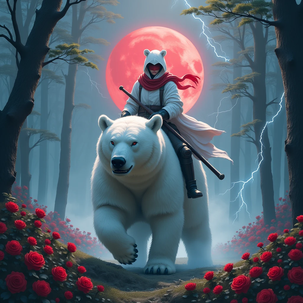 Godlike, in it a male knight with a white hood with bear ears holding a Rakuyo is riding a polar bear in a forest while the moon shines, many Roses cover the ground and lightning falls from the sky. The polar bear has black eyes and an aggressive appearance. Only the man wears a red blindfold. In the background of the picture is the blood moon. The forest is full of trees with leaves.