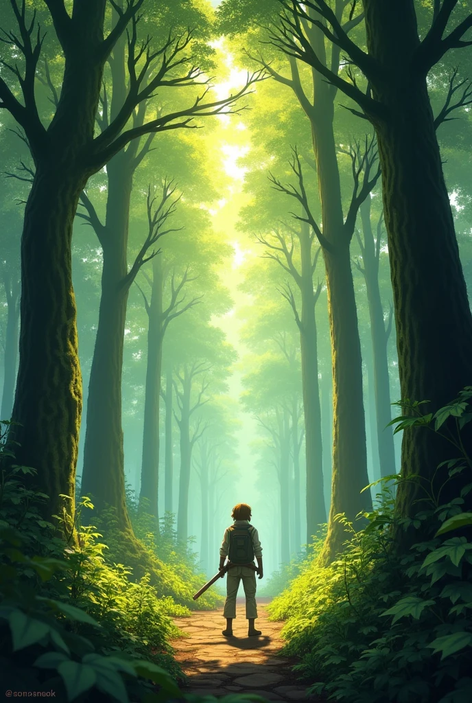 A sense of adventure and mystery, with sunlight filtering through the trees, casting intriguing shadows.
